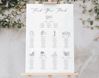 国立公園の座席表、公園検索、印刷またはデジタルダウンロード、自然をテーマにしたカスタマイズ可能な装飾