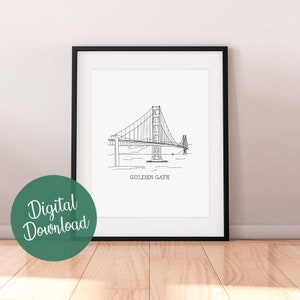 Golden Gate Bridge Linie Kunst Druck, Golden Gate Poster, minimalistische schwarz weiß Zeichnung, Instant Download, bedruckbar