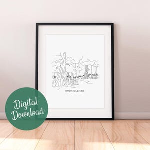 Everglades National Park Line Art Print, Everglades Poster, Minimalist Black and White Drawing, Instant Download, Printable