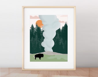 Yellowstone National Park Print, National Park Minimalist Modern Drawing, Yellowstone Poster