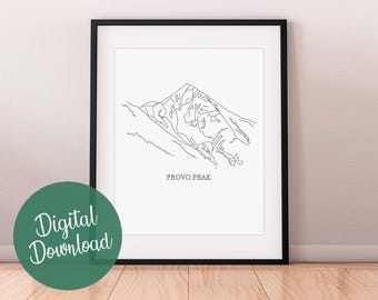 Provo Peak Line Art Print, Utah Minimalist Black and White Drawing, Instant Download, Printable