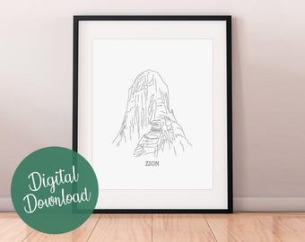 Lámina artística del Parque Nacional Zion, Dibujo de Angels Landing (Descarga digital)