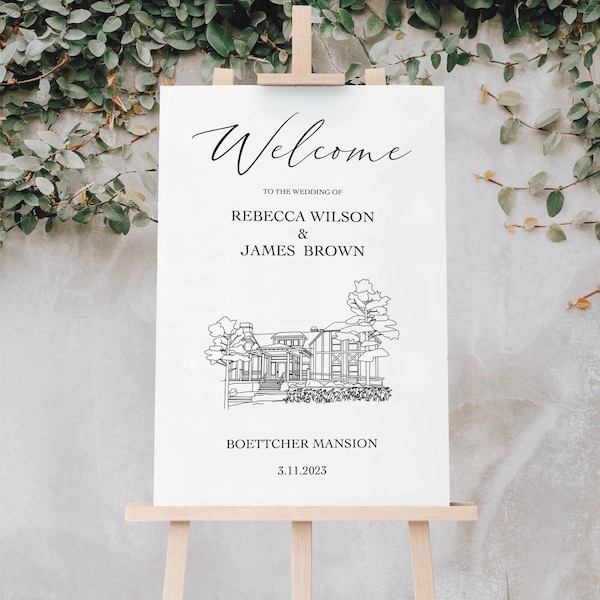 Wedding Welcome Sign with Custom Venue Drawing or National Park Artwork, Printed or Digital Download, Customizable Nature-Inspired Decor