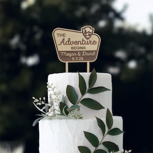 Custom Wedding Cake Topper | The Adventure Begins | National Park | Nature, Mountain, Outdoor Camping Themed Wedding