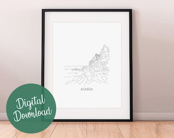 Acadia National Park Line Art Print, Minimalist Black and White (Digital Download)