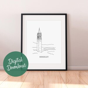 Berkeley University Sather Tower Line Art Print, The Campanile Minimalist Black and White Drawing, Instant Download, Printable