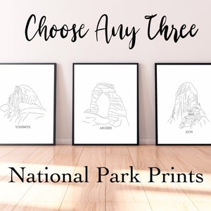 Set of Any 3 National Park Line Art Prints, Minimalist Black and White Travel Drawing, Yosemite, Grand Canyon, Yellowstone, Zion, and MORE