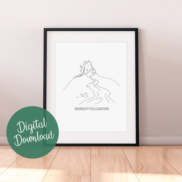 Hawai'i Volcanoes National Park Line Art Print, Hawaii Volcanoes Poster, Minimalist Black and White Drawing, Instant Download, Printable