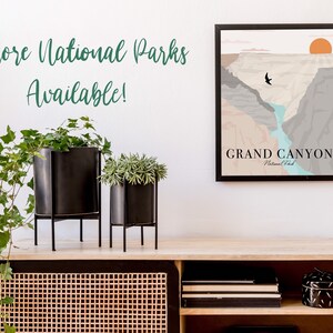 May include: A minimalist print of the Grand Canyon National Park with a blue river and a bird flying over the canyon. The print is framed in black and hangs on a white wall above a wooden shelf with plants and decor.