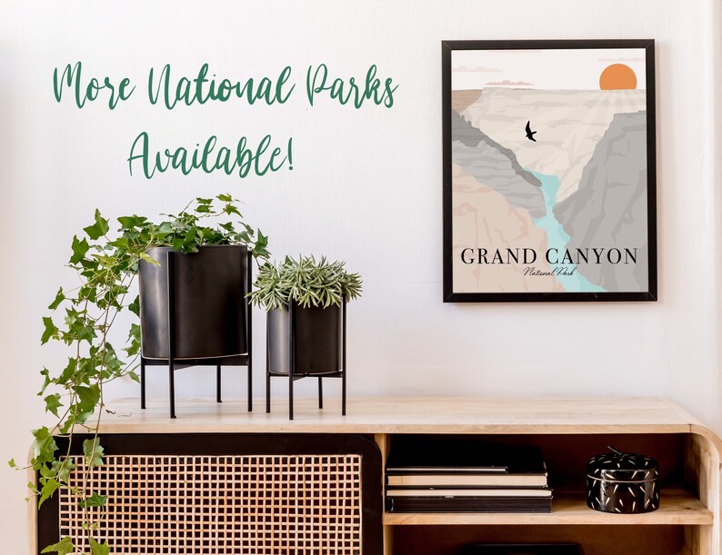 May include: A minimalist print of the Grand Canyon National Park with a blue river and a bird flying over the canyon. The print is framed in black and hangs on a white wall above a wooden shelf with plants and decor.