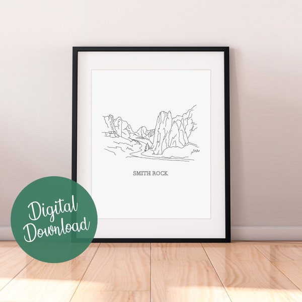 Smith Rock State Park Line Art Print, Oregon Minimalist Black and White Drawing, Instant Download, Printable
