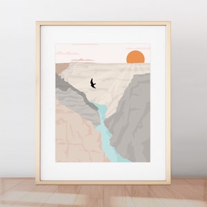 May include: A digital illustration of a canyon with a river running through it. The sun is setting in the background, casting a warm glow over the scene. A bird is flying over the canyon.