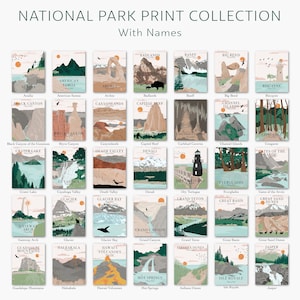 May include: A colorful illustrated poster featuring the names and stylized images of 30 different National Parks in the United States. The poster has a light pink background with a green title bar at the top.