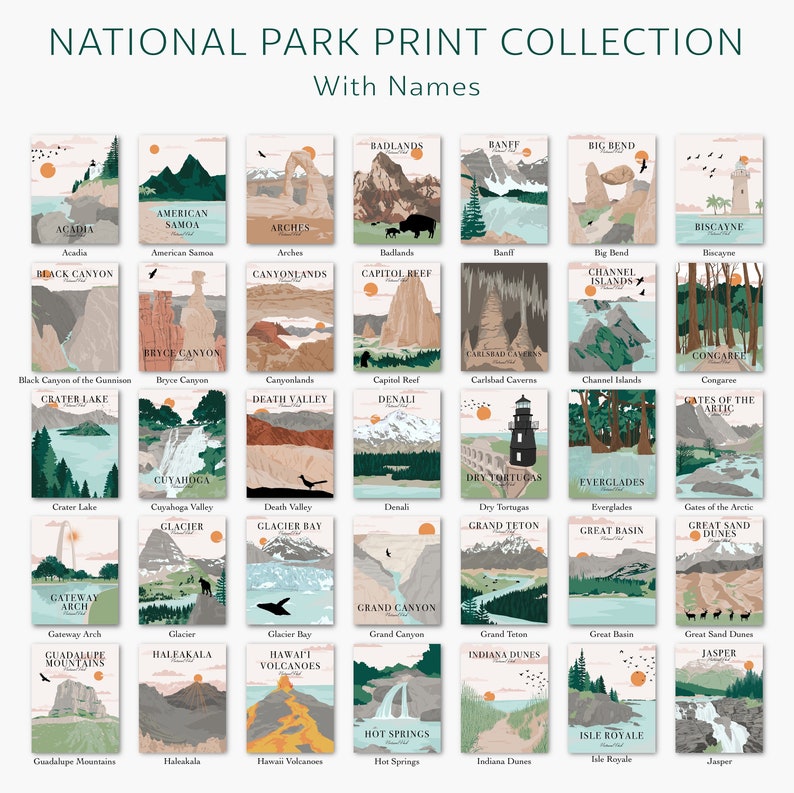 May include: A colorful illustrated poster featuring the names and stylized images of 30 different National Parks in the United States. The poster has a light pink background with a green title bar at the top.