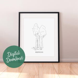 Redwood National Park Line Art Print, Minimalist Black and White Redwood Drawing, Redwood Poster, Instant Download, Printable