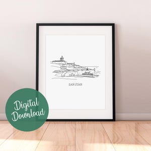 San Juan, Puerto Rico Line Art Print, San Juan National Historic Site Minimalist Black and White Drawing, Instant Download, Printable
