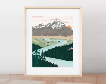 Grand Teton National Park Print, Minimalist Mountain Art