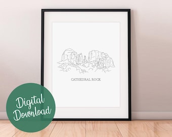 Cathedral Rock Sedona Line Art Print, Sedona Minimalist Black and White Drawing, Instant Download, Printable