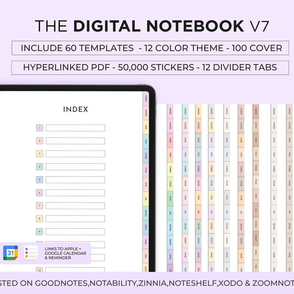 Digitales Studenten-Notizbuch im Hochformat mit Tabs, Goodnotes-Planer, liniertes digitales Journal, Vorlage für digitale Notizen, Apple Google Planner-Kalender