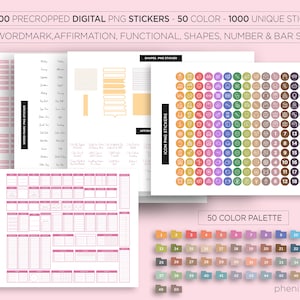 May include: A digital planner sticker set with 50,000 precropped PNG stickers in 50 colors. The set includes icons, wordmarks, affirmations, functional shapes, numbers, and bar stickers. The image shows a color palette with 50 different colors.