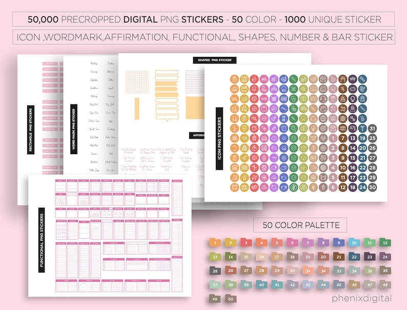 May include: A digital planner sticker set with 50,000 precropped PNG stickers in 50 colors. The set includes icons, wordmarks, affirmations, functional shapes, numbers, and bar stickers. The image shows a color palette with 50 different colors.