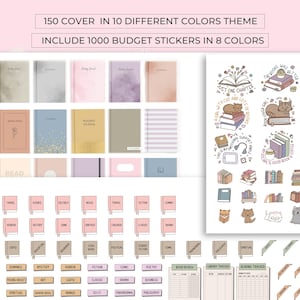 May include: A selection of journals and stickers. The journals have covers in various colours, including beige, grey, and pink. The stickers feature book-related illustrations and text. The text on the image reads: "150 cover in 10 different colours theme" and "include 1000 budget stickers in 8 colours."