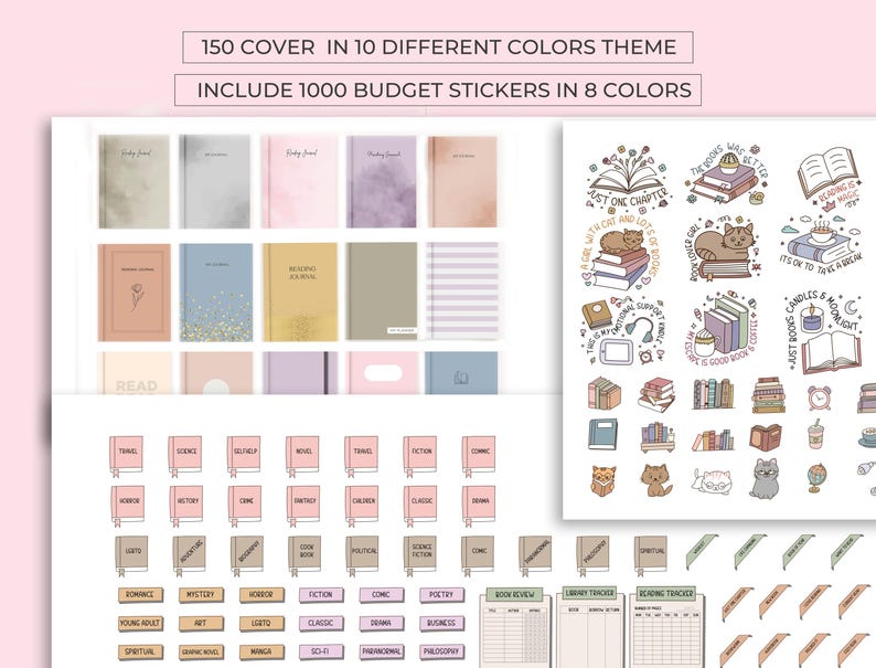 May include: A selection of journals and stickers. The journals have covers in various colours, including beige, grey, and pink. The stickers feature book-related illustrations and text. The text on the image reads: "150 cover in 10 different colours theme" and "include 1000 budget stickers in 8 colours."