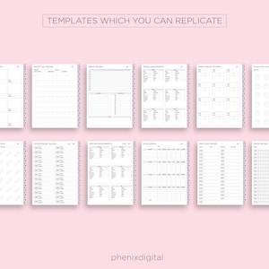 May include: A set of printable planner pages with various templates for tracking weight loss, food, and other habits. The pages are designed with a simple, minimalist aesthetic and feature a light grey background with black text and lines.