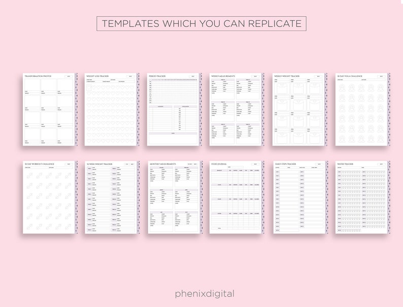 May include: A set of printable planner pages with various templates for tracking weight loss, food, and other habits. The pages are designed with a simple, minimalist aesthetic and feature a light grey background with black text and lines.