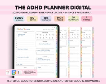 ADHD Digital Planner 2025-2026, Self Care Habit Tracker (Goodnotes)
