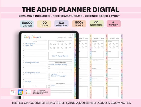 ADHD Digital Planner, 2025 2026 Goodnotes Planner, Adult ADHD Digital Planner, Self Care Habit Tracker Science Based Daily Weekly Planner
