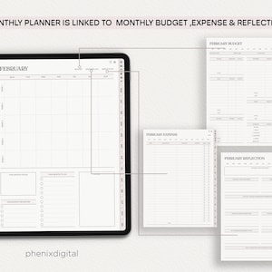 May include: A digital planner on a tablet screen with the word "FEBRUARY" at the top. The planner is divided into sections for daily tasks, monthly goals, and a to-do list. The planner is linked to a monthly budget, expense, and reflection section.