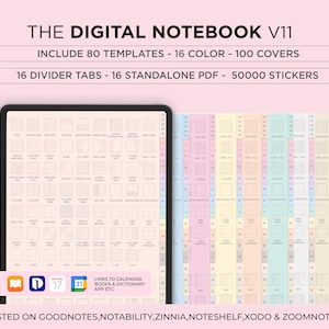 May include: A digital notebook with 80 templates, 16 colors, 100 covers, 16 divider tabs, 16 standalone PDFs, and 50,000 stickers. The notebook is designed for use with Goodnotes, Notability, Zinnia, Noteshelf, Xodo, and Zoomnotes.