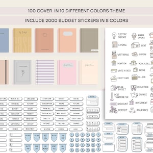 May include: A set of 100 budget planner covers in various colors, including pink, blue, beige, and gray. The covers are designed with simple patterns and text. The set also includes 2000 budget stickers in 8 colors, featuring icons and text related to budgeting, such as "rent", "income", "savings", and "emergency fund".
