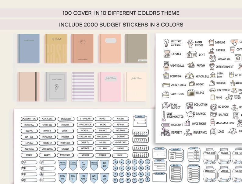 May include: A set of 100 budget planner covers in various colors, including pink, blue, beige, and gray. The covers are designed with simple patterns and text. The set also includes 2000 budget stickers in 8 colors, featuring icons and text related to budgeting, such as "rent", "income", "savings", and "emergency fund".