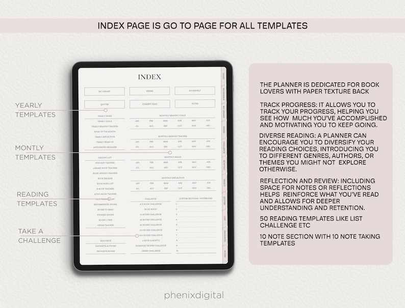 May include: A black and white planner with the text "INDEX PAGE IS GO TO PAGE FOR ALL TEMPLATES" at the top. The planner has a section for yearly, monthly, reading, and take a challenge templates. The planner is dedicated for book lovers with paper texture back. The planner includes sections for tracking progress, diverse reading, and reflection and review. The planner includes 50 reading templates and 10 note taking templates.