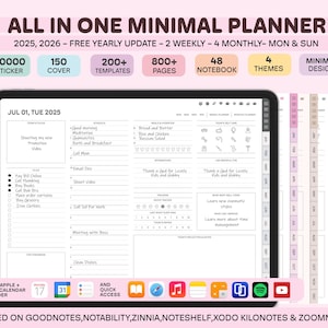 Planificador digital 2025, 2026 y 2027. Plantilla de planificador Goodnotes. Planificador diario, semanal y mensual. Planificador minimalista todo en uno. Planificador Notability para iPad.