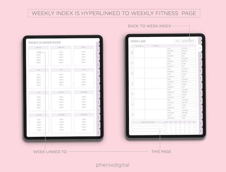 May include: A digital planner on a tablet screen with a weekly planner index and a weekly fitness page. The weekly planner index has a grid of months with weeks listed. The weekly fitness page has a section for meal, grocery, and snack planning.
