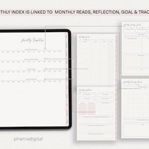 May include: A digital planner on a tablet screen with the text "Monthly Templates" and "Monthly Index is linked to Monthly Reads, Reflection, Goal & Tracker". The planner includes sections for monthly tracking, reading goals, reflection, and a monthly tracker.