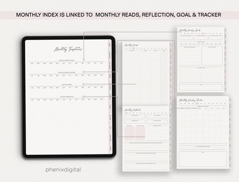 May include: A digital planner on a tablet screen with the text "Monthly Templates" and "Monthly Index is linked to Monthly Reads, Reflection, Goal & Tracker". The planner includes sections for monthly tracking, reading goals, reflection, and a monthly tracker.