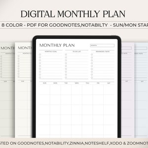 Planificador mensual digital Goodnotes Plantilla Notabilidad, Lista mensual de tareas pendientes, Planificador mensual sin fecha, Inicio del lunes domingo, Diseño minimalista