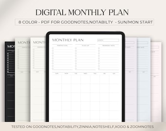 Digitale maandelijkse planner Goodnotes sjabloon opmerkelijkheid, maandelijkse takenlijst, ongedateerde maandelijkse planner, maandag zondag start, minimalistisch ontwerp