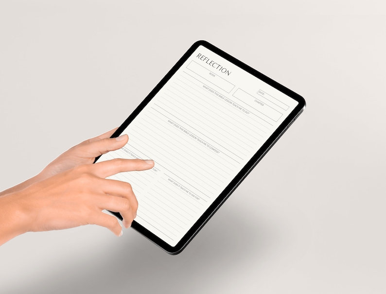 May include: A digital tablet with a white background and black border. The screen displays a reflection journal with the title "Reflection" and prompts for a book, chapter, date, and reflection notes.