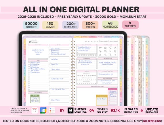 All-in-One Digital Planner 2026, 2027, 2028 Digital Planner, Digital Journal, Digital Goodnotes Template, Weekly, Daily Planner, Notability