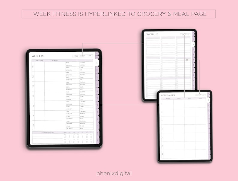 May include: A digital planner with a weekly fitness tracker, grocery list, and meal planner. The planner is designed for use on a tablet or computer.