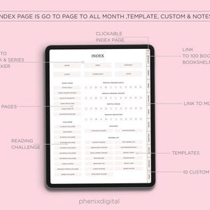 May include: A digital tablet screen showing a reading journal index. The layout includes sections for yearly pages, reading challenges, and a book tracker. Text includes "Index Page is go to page to all month, template, custom & notes."