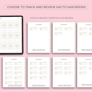 May include: A digital library tracker featuring a black tablet and several white pages. The pages display book tracking layouts, with options to track 480, 720, 960, 1200, 1440, 1920, and 2400 books. Text reads: "CHOOSE TO TRACK AND REVIEW 240 TO 2400 BOOKS."