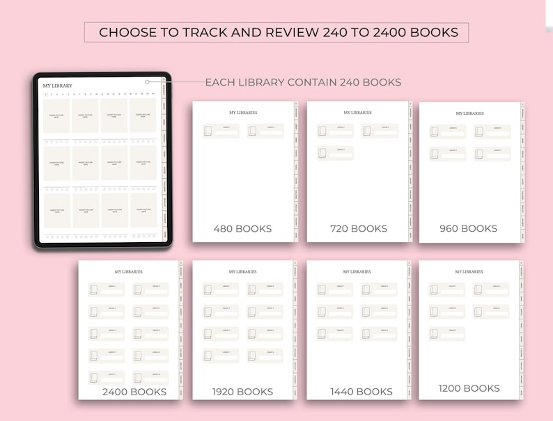 May include: A digital library tracker featuring a black tablet and several white pages. The pages display book tracking layouts, with options to track 480, 720, 960, 1200, 1440, 1920, and 2400 books. Text reads: "CHOOSE TO TRACK AND REVIEW 240 TO 2400 BOOKS."