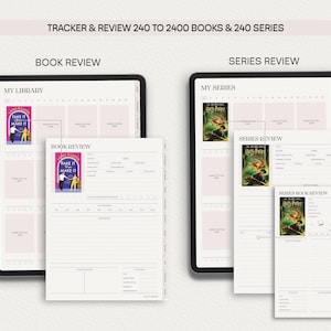 May include: A printable book and series tracker and review template. The template has sections for "My Library", "Book Review", "My Series", "Series Review", and "Series Book Review". The template includes space for book and series titles, authors, dates, ratings, and notes.