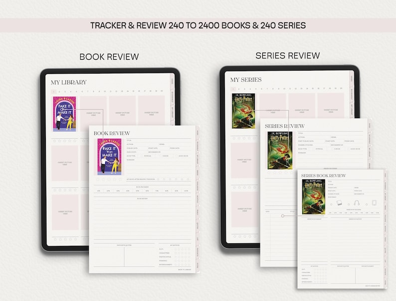 May include: A printable book and series tracker and review template. The template has sections for "My Library", "Book Review", "My Series", "Series Review", and "Series Book Review". The template includes space for book and series titles, authors, dates, ratings, and notes.